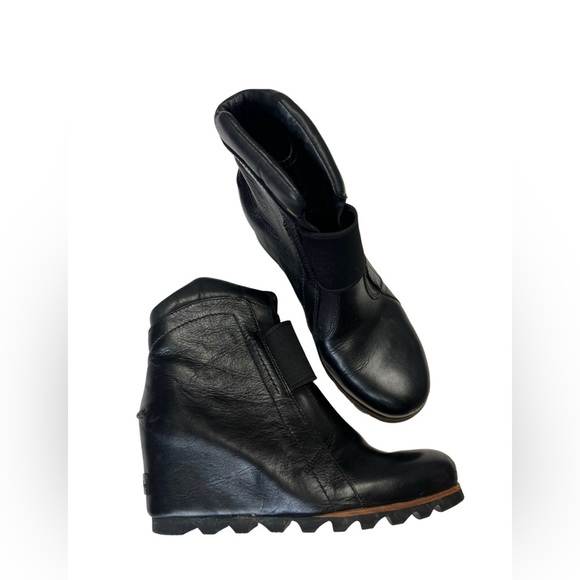 Sorel Fiona Wedge Black Leather Ankle Booties Chunky Heel Size 7.5 - Picture 2 of 7